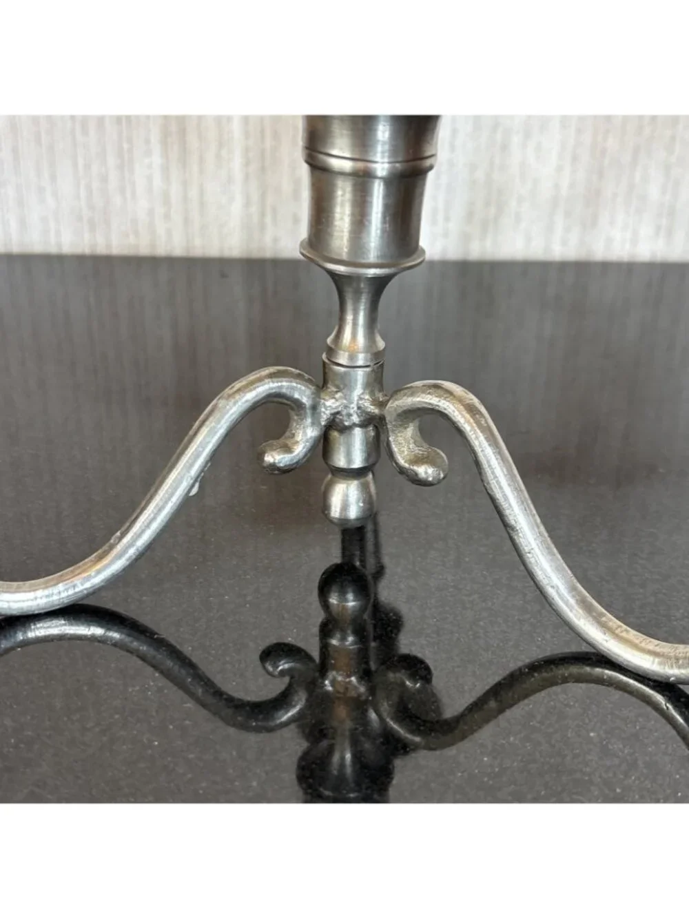 Vintage Candelabra Taper Candle Holder Set Silvertone Metal Ornate Scroll Arm